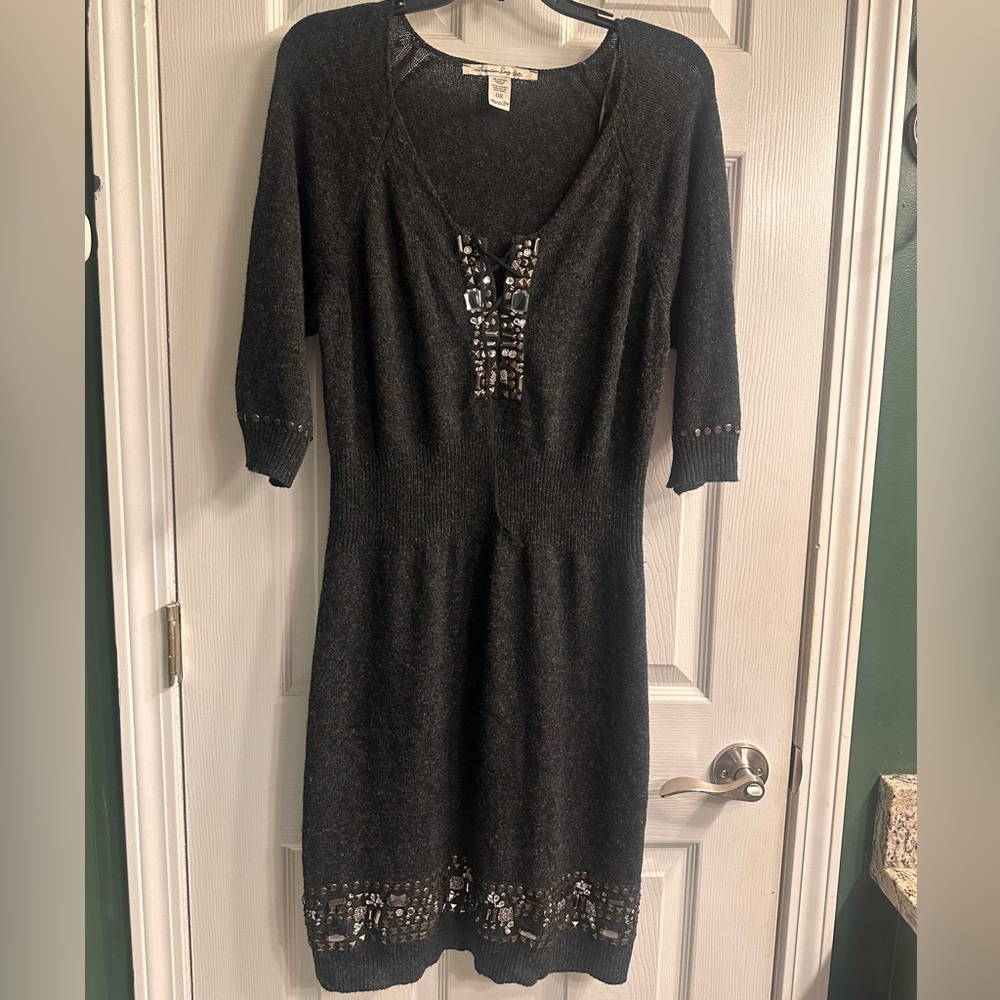 American Rag Charcoal Knit Dress with Beaded Accents